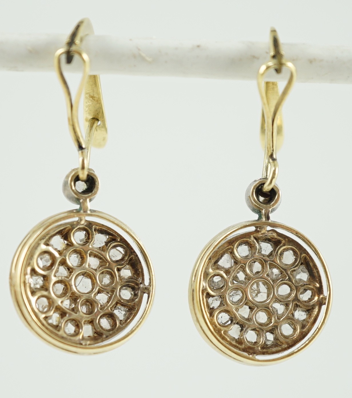 A pair of gold and rose cut diamond cluster set target drop earrings